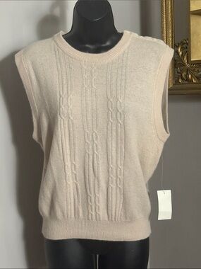 NEW Austin Hill Small Lambswool Angora Hair Cable Knit Sweater Beige Vest NWT